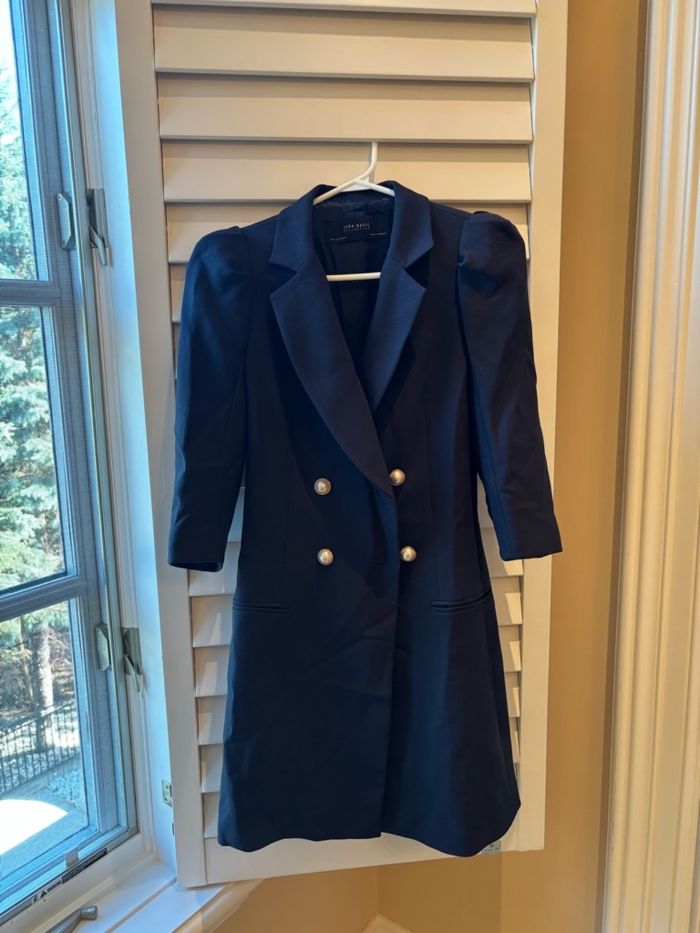 Zara Navy Double-Breasted Puff-Shoulder Blazer Dress